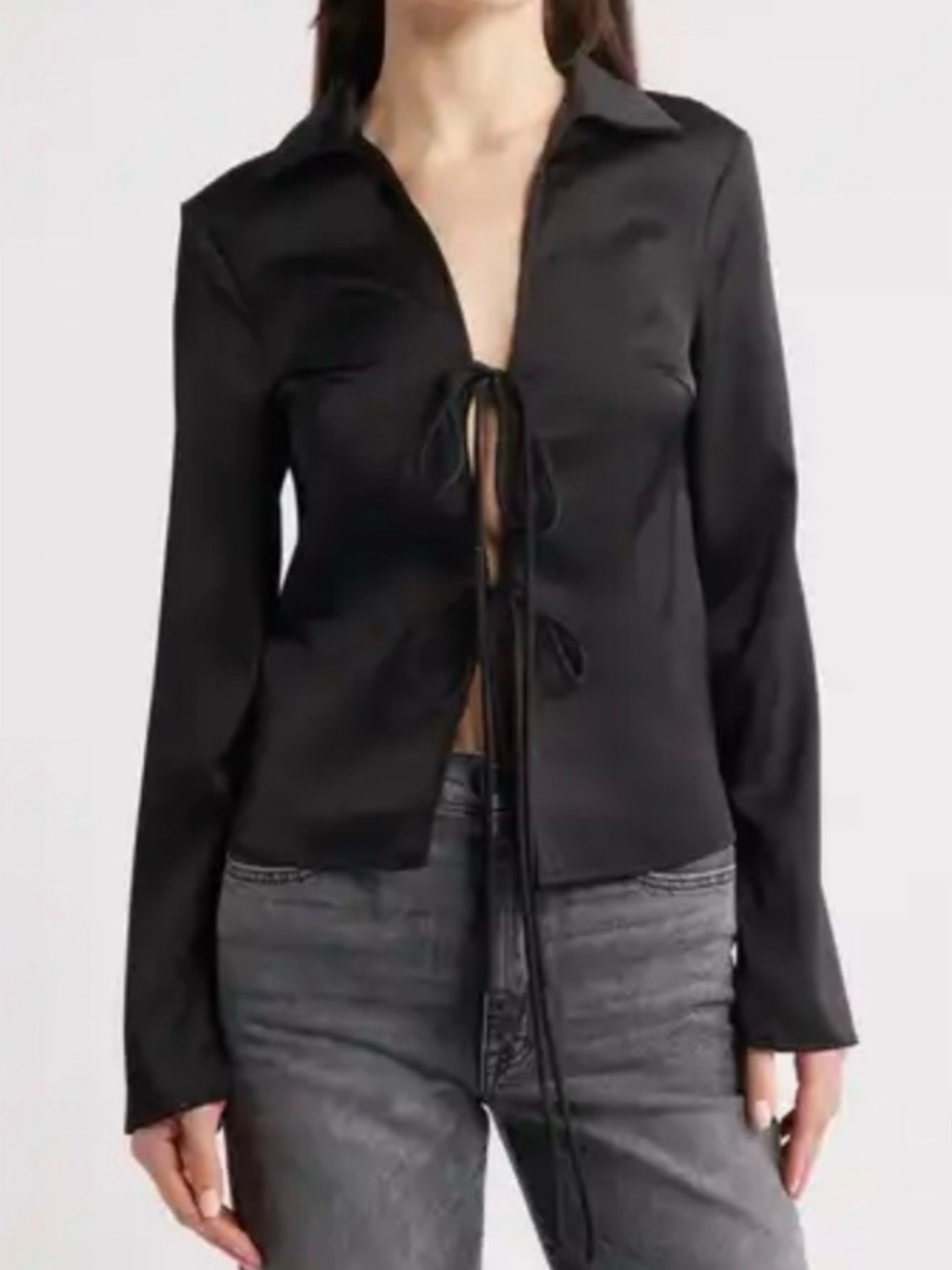 Zara Black Satin Tie-Front Collared Blouse